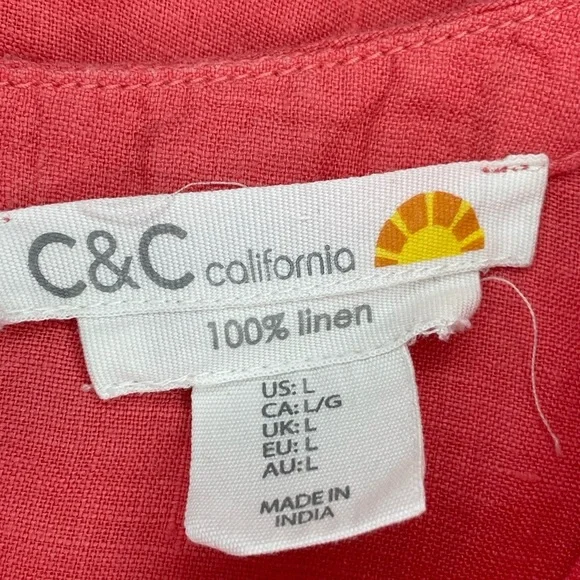 C&C California 100% Linen Blouse Red Orange Coconut Shell Buttons Large Boxy - Picture 2 of 6